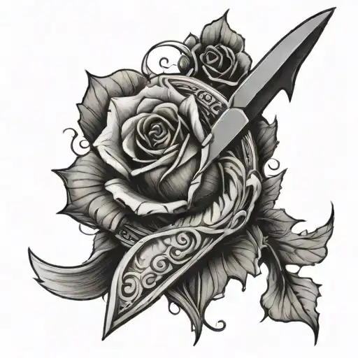 A pike with a rose and a knife in blood tattoo design idea
