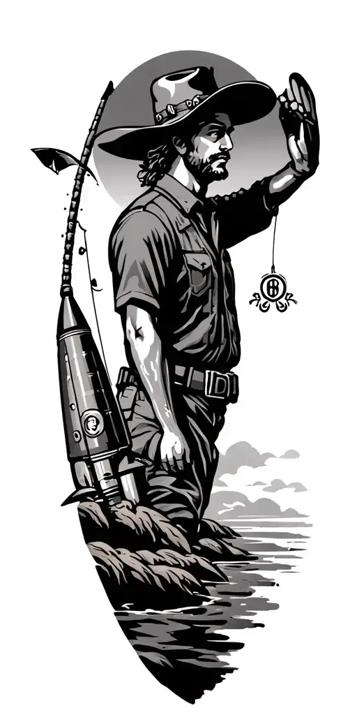 Gemini symbol with country cowboy fishing and a army missile tattoo design idea