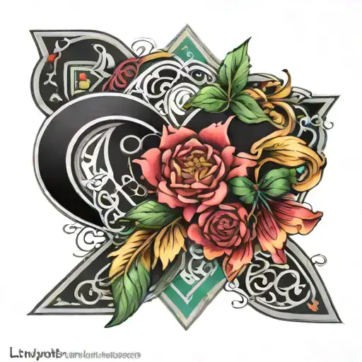 colorful infinity symbol with adoption triangle inside of a blooming heart with names Lynnette & Syrena & date of 2/12/1 tattoo design idea