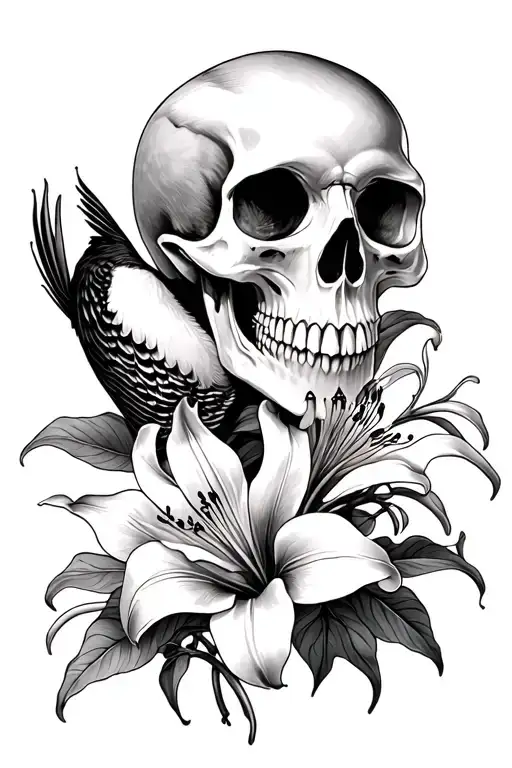 skull, lilies, woodpecker tattoo design idea