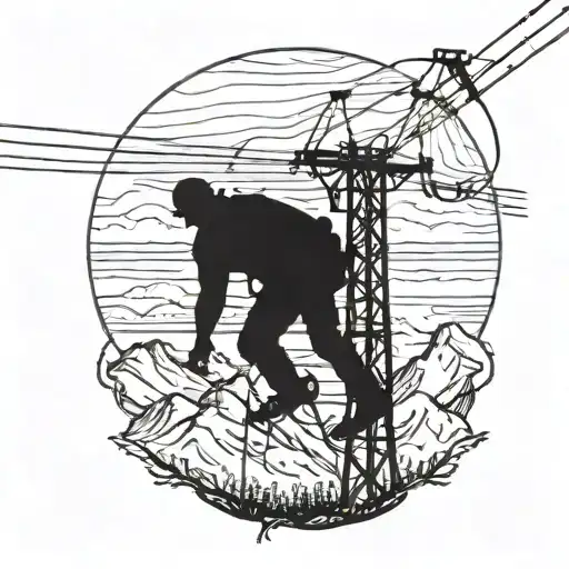 A silhouette of a lineman working on a power line with a mountain range in the background tattoo design idea