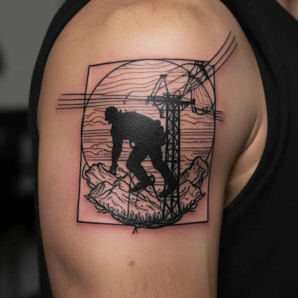 A silhouette of a lineman working on a power line with a mountain range in the background tattoo design idea