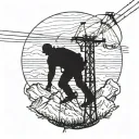 A silhouette of a lineman working on a power line with a mountain range in the background tattoo design idea