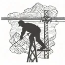 A silhouette of a lineman working on a power line with a mountain range in the background tattoo design idea