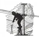 A silhouette of a lineman working on a power line with a mountain range in the background tattoo design idea
