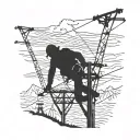 A silhouette of a lineman working on a power line with a mountain range in the background tattoo design idea