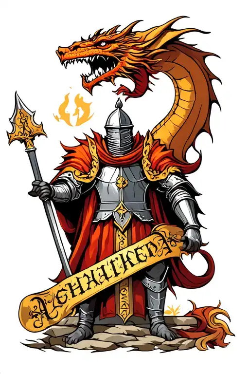 Knight that winning the dragon crusader against the backdrop of the church tattoo design idea