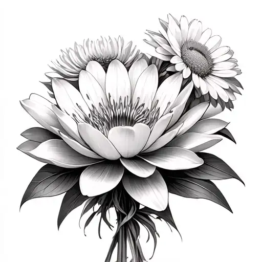 Water Lily poppy daisy chrysanthemum bouquet tattoo design idea