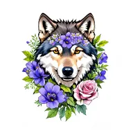 Wolf with violet flower, rose flower, iris flower, rose flower and cosmos flower for shoulder tattoo for man tattoo design idea