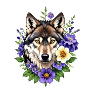Wolf with violet flower, rose flower, iris flower, rose flower and cosmos flower for shoulder tattoo for man tattoo design idea