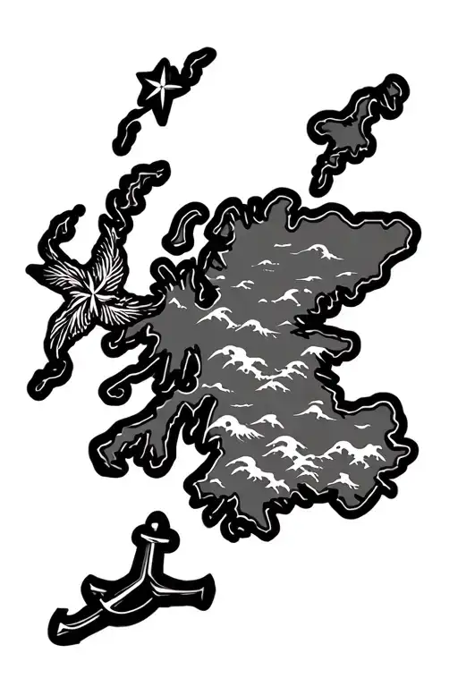 outline of Galloway coast in Scotland, in map format, with a sailors star and anchor and waves tattoo design idea