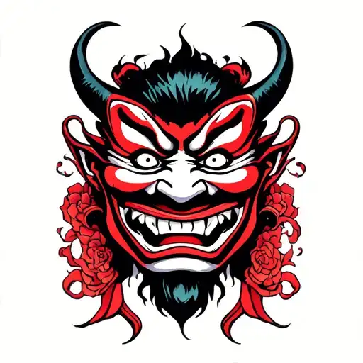 happy sad masks tragedy and comedy Japanese demon tattoo design idea