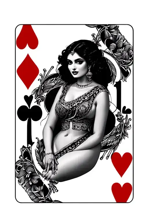 Queen of hearts card with Mexican American woman posing, Black and white tattoo design idea