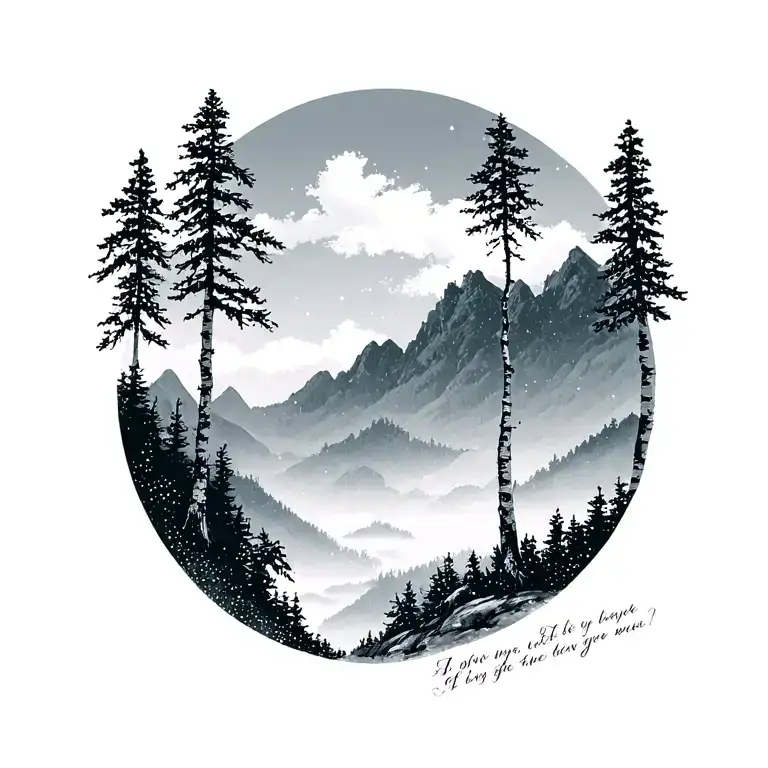 birch trees with mountains in the background with words in tiny print at the base  tattoo design idea
