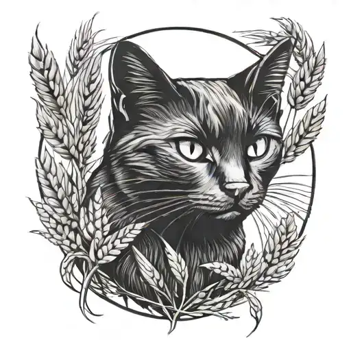 black cat, wheat, land tattoo design idea