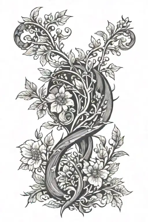 russian, woodblock, nature elements intertwined tattoo design idea