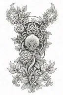 russian, woodblock, nature elements intertwined tattoo design idea