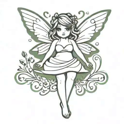 chubby fairy, wings, big green eyes, full body tattoo design idea