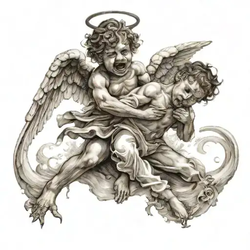 an angel fighting a devil on top of a sad child head  tattoo design idea