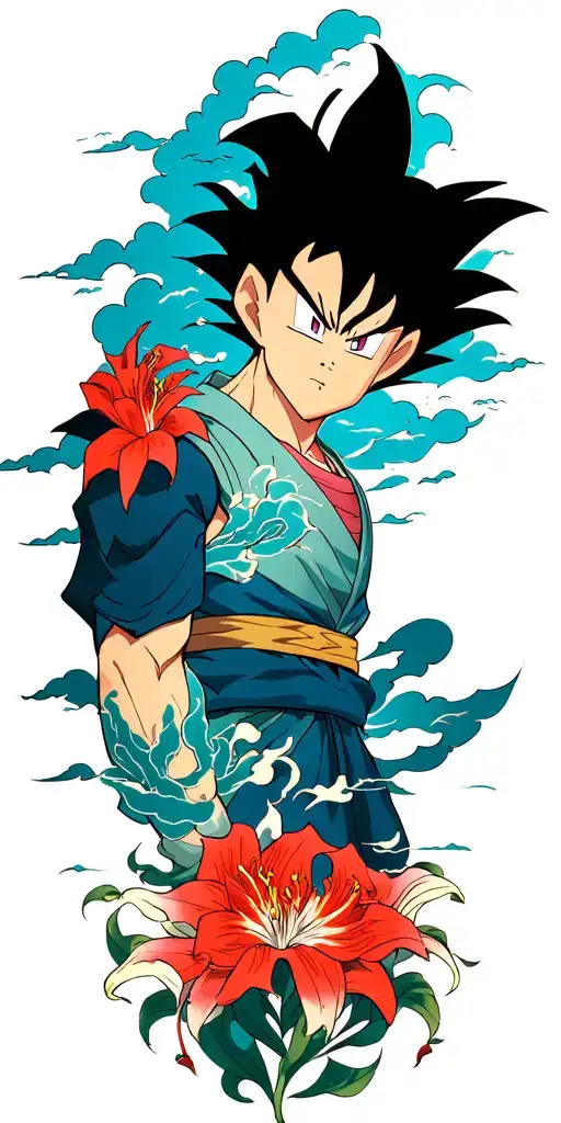 red oriental dragon ball z, wrapping round arm up to shoulder, clouds, spider lillies, abstract style lines to fill gaps tattoo design idea