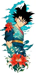 red oriental dragon ball z, wrapping round arm up to shoulder, clouds, spider lillies, abstract style lines to fill gaps tattoo design idea