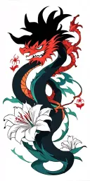 red oriental dragon ball z, wrapping round arm up to shoulder, clouds, spider lillies, abstract style lines to fill gaps tattoo design idea
