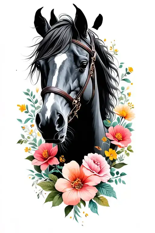 war horse and flowers tattoo design idea