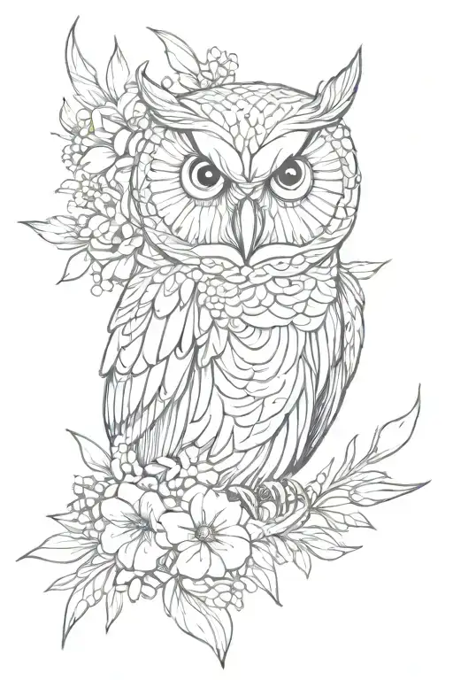owl face with no geometric surrounded by lots of cosmo flowers and gladiolus flowers tattoo design idea