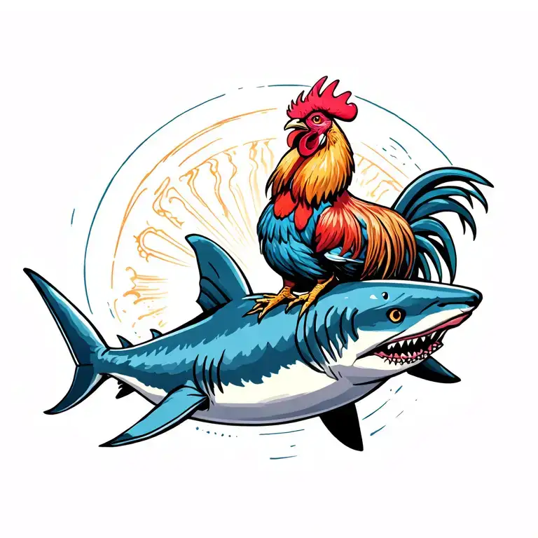 rooster riding on a shark tattoo design idea