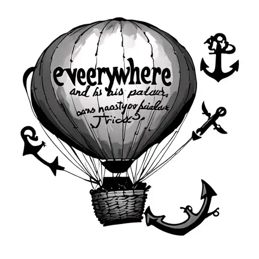 the text "everywhere, and his nasty parlour tricks" across a hot air balloon with an anchor replacing the basket. tattoo design idea