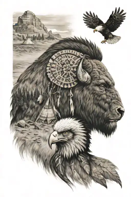 grassy plains with moinatains with bison, bald eagle, indian, teepee's tattoo design idea