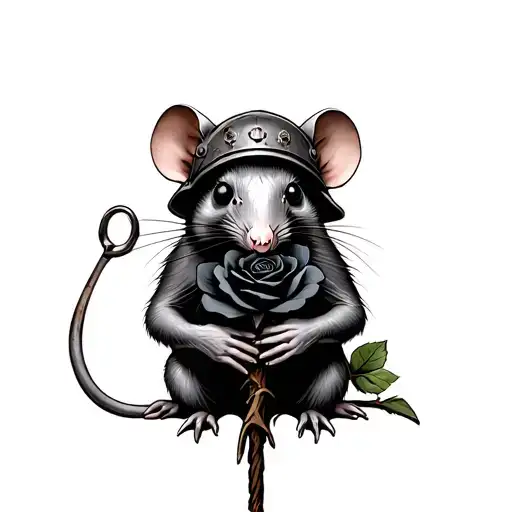 rat impaled by a rusty nail through its heart holding a black rose, its wearing a helmet made of a anothers rats skull tattoo design idea