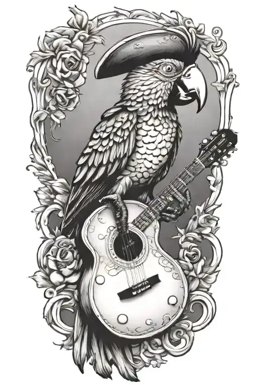 parrot pirate hat perched on guitar tattoo design idea
