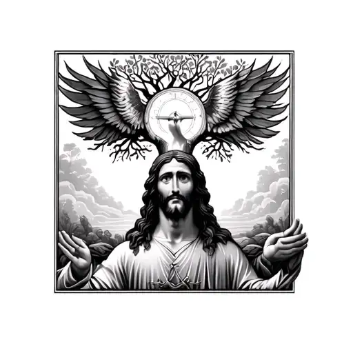 jesus christ and the holy spirit with the tree of life in the backgroind  tattoo design idea
