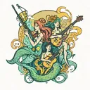 An underwater music festival featuring mermaids playing instruments and fishing rods as stage props tattoo design idea