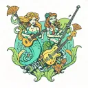 An underwater music festival featuring mermaids playing instruments and fishing rods as stage props tattoo design idea