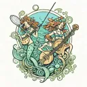 An underwater music festival featuring mermaids playing instruments and fishing rods as stage props tattoo design idea