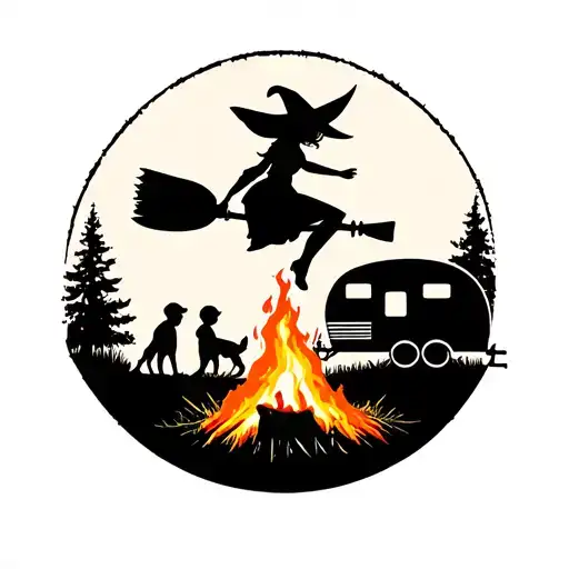 silhouette of sexy witch flying on broomstick over a campsite with a trailer and campfire with 3 boy children & 2 dogs  tattoo design idea