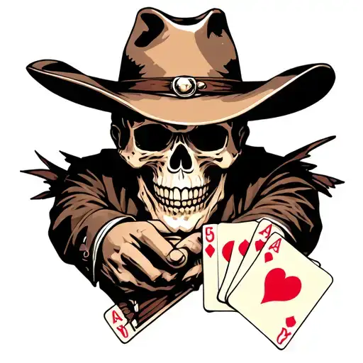 Make a realism or surrealism tattoo design of a skull faced bandit wearing a cowboy hat holding 3 cards  tattoo design idea