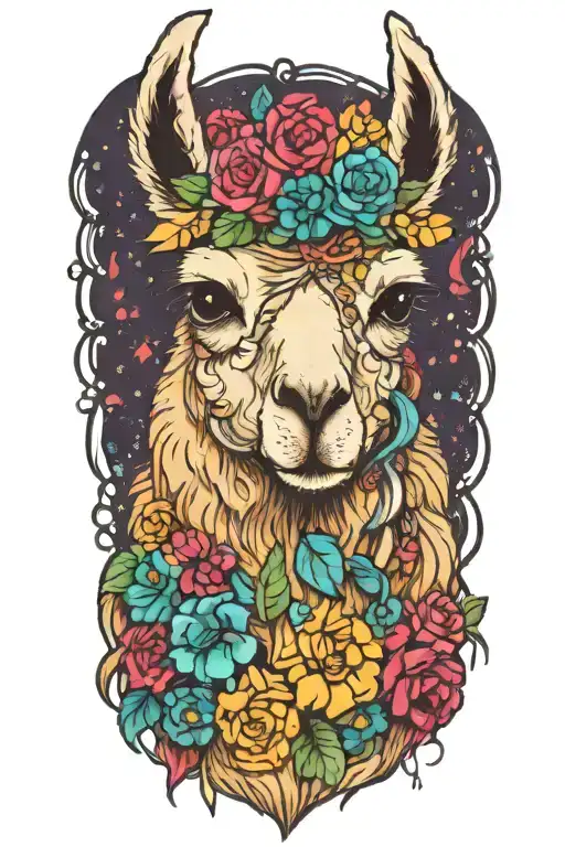 colorful llama with flower crown knitting a blanket tattoo design idea