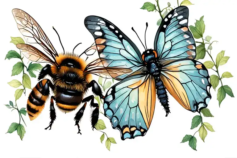 bee and a butterfly connected by  vines tattoo design idea