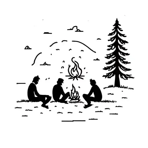 camping, fire, tree, friends sitting together tattoo design idea