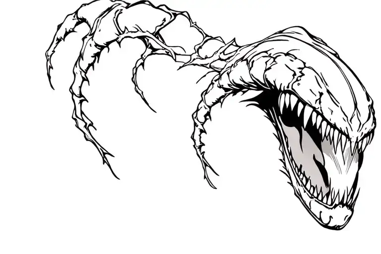 A highly detailed tattoo design of Venom of Marvel,with his mouth wide open, sharp teeth,twisted form tattoo design idea