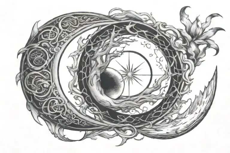 ouroboros and the moon, the four elements, travel, and the divine feminine tattoo design idea