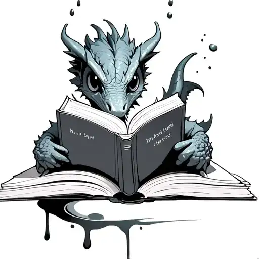 big eyed dragon reading a book with words and ink dripping off the pages tattoo design idea