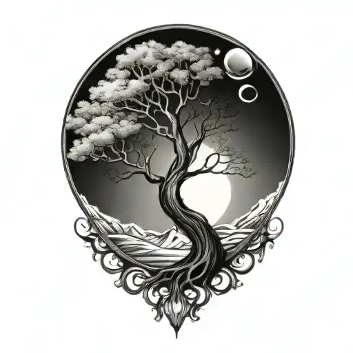 tree of life and sun and moon tattoo design idea