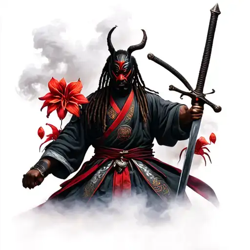 black man with locs in a samurai suit surrounded by smoke surrounded by red spider lillys and sword with half oni mask tattoo design idea