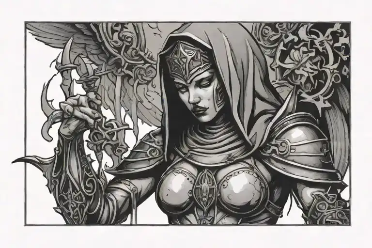 girl warrior nun demon tattoo design idea