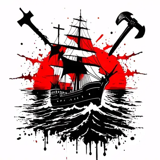 sun setting, ship sailing towards hell , a cross and a hammer  tattoo design idea