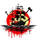 sun setting, ship sailing towards hell , a cross and a hammer  tattoo design idea
